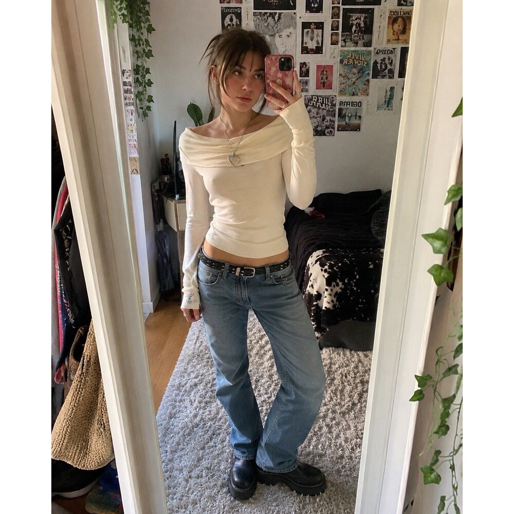 Esprit Off Shoulder Sweater L Ivory Cotton Cowl Neck Y2K Fairy Grunge Minimalist